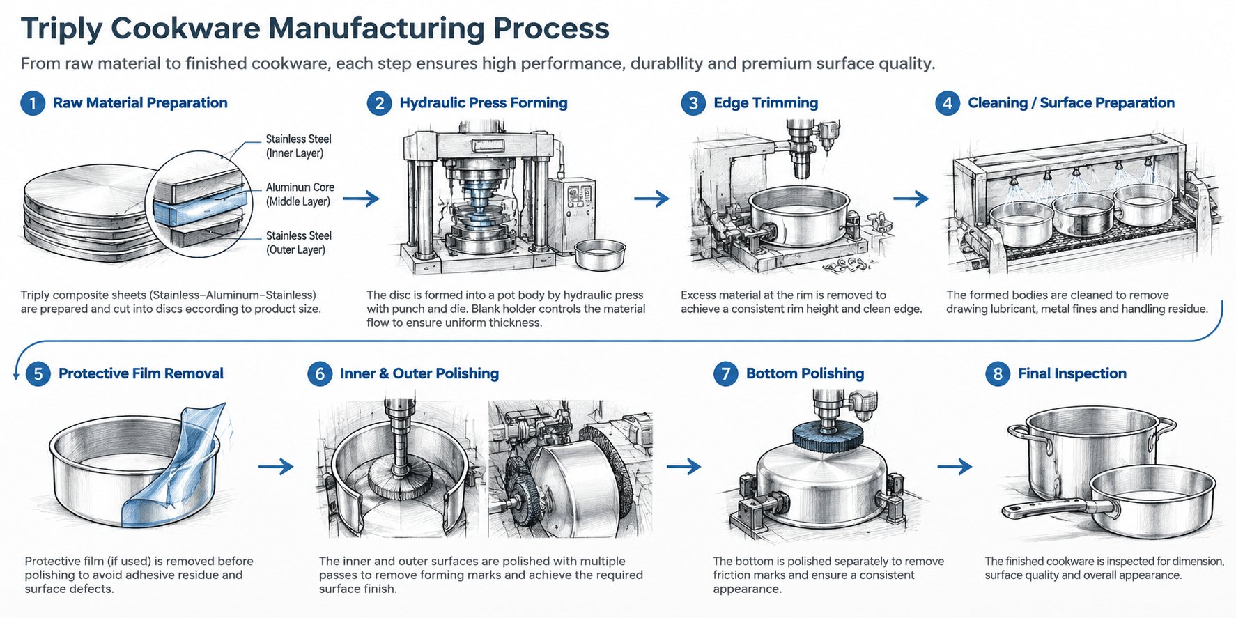 Triply cookware manufacturing process from raw material preparation to final inspection